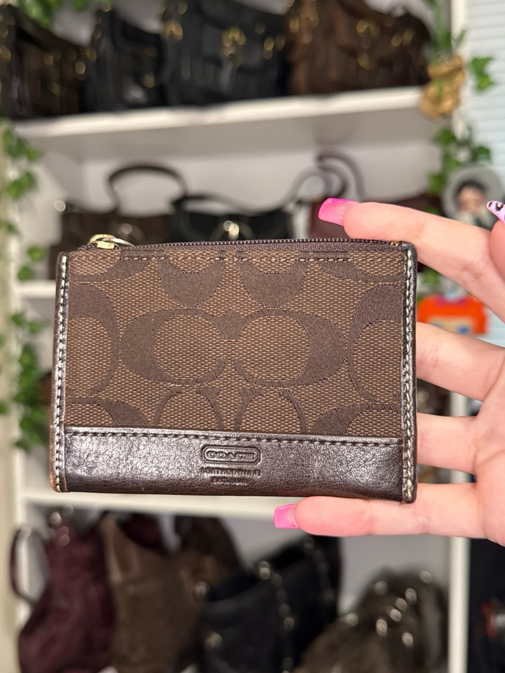Coach Brown Signature Canvas Zip Card Case with Leather Trim